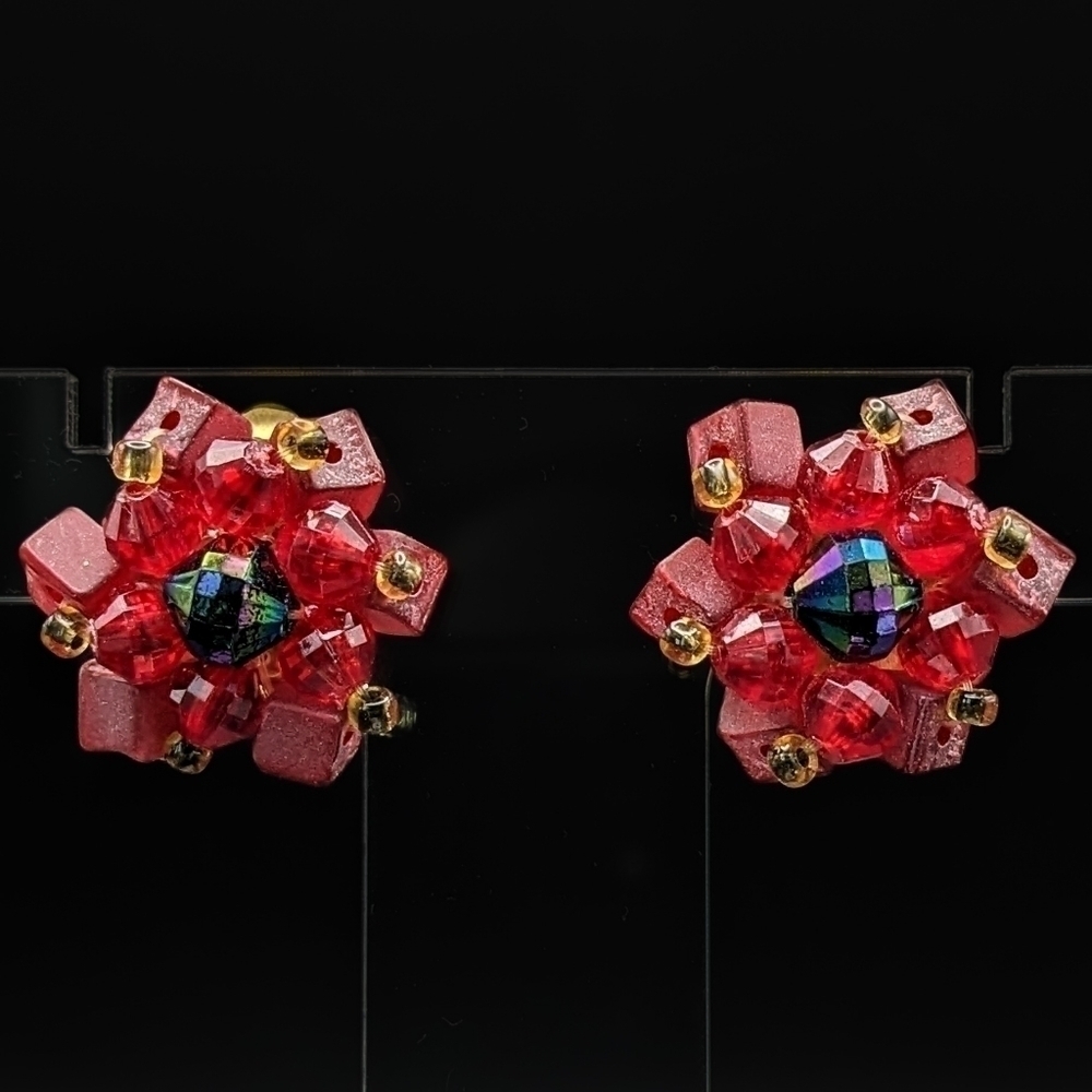 VINTAGE W GERMANY Red Square Bead Cluster Earrings w/ Black Faceted AB - CLIP